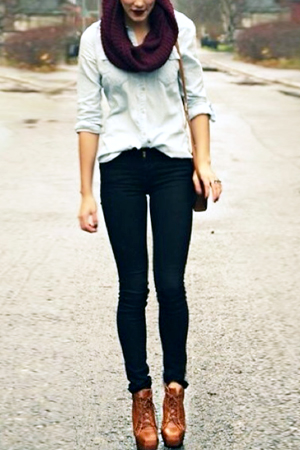 With dark jeans and a circle scarf. 